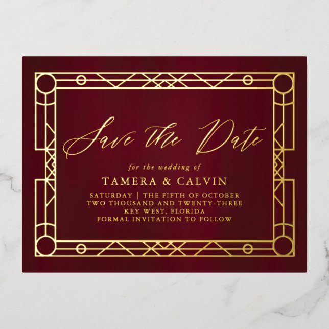 Save The Date Burgundy Gold Decorative Frame Foil Invitation Postcard (Front)