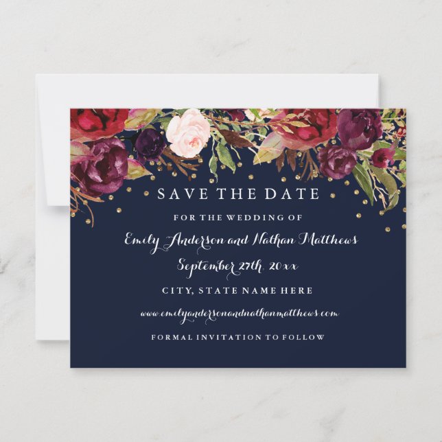 Save The Date Burgundy Gold Navy Mariage Floral Enregistrer La D (Devant)