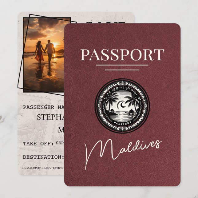 Save The Date Burgundy Maldives Passeport Enregistrer La Date (Devant / Derrière)