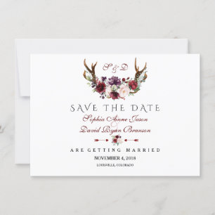 Save The Date Burgundy Marsala Floral Antlers Enregistrer La Dat