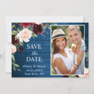 Save The Date Burgundy Navy Blue Blush PHOTO Floral Mariage