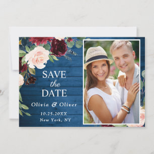 Save The Date Burgundy Navy Blue Blush PHOTO Floral Mariage