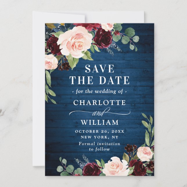 Save The Date Burgundy Navy Blue Blush Rustic Floral Mariage (Devant)