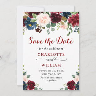 Save The Date Burgundy Navy Blue Blush Rustic Floral Mariage