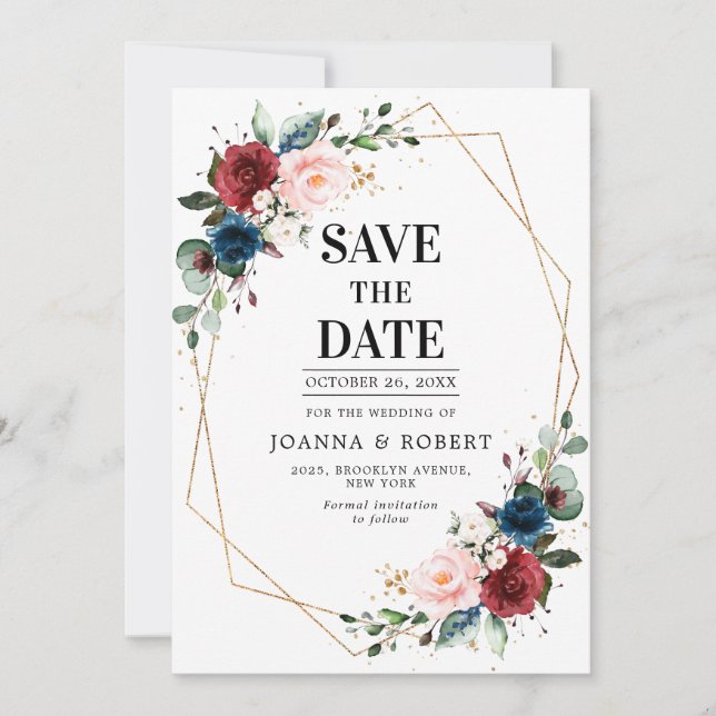 Save The Date Burgundy Navy Blush Floral Gold Mariage géométriqu (Devant)