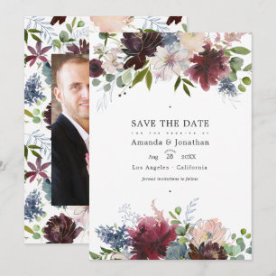 Save The Date Burgundy, Navy et Blush Floral Mariage Photo