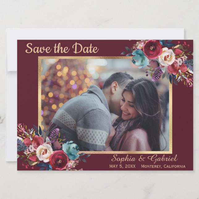 Save The Date Burgundy Navy Floral Modern Photo Enregistrer la d (Devant)