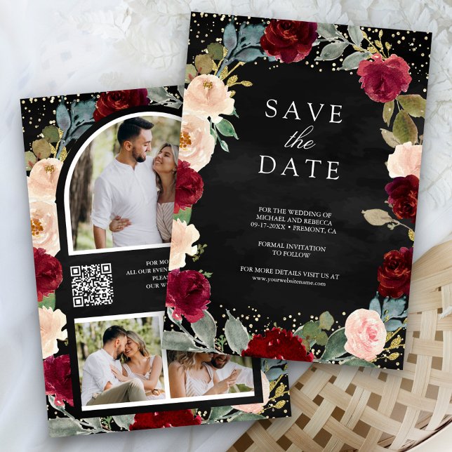 Save The Date Burgundy Peach Floral Photo Black QR Code Mariage (Créateur téléchargé)