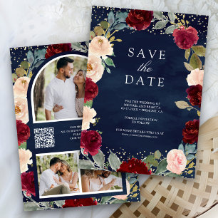Save The Date Burgundy Pêcher Floral Photo Marine QR Code Mariag