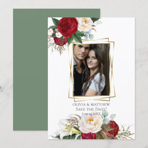 Save the Date Burgundy Peony Floral Bouquets Invitation