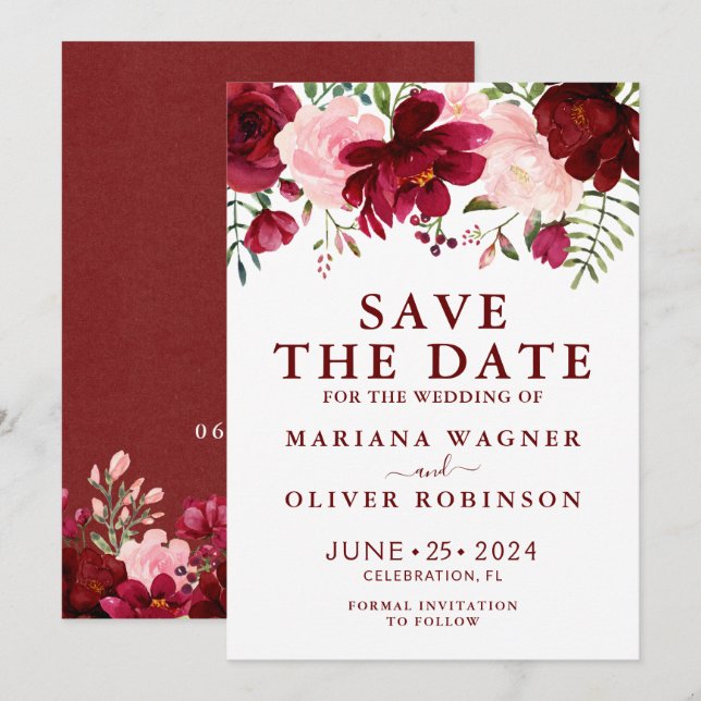 Save the Date Burgundy Pink Watercolor Floral Invitation (Front/Back)