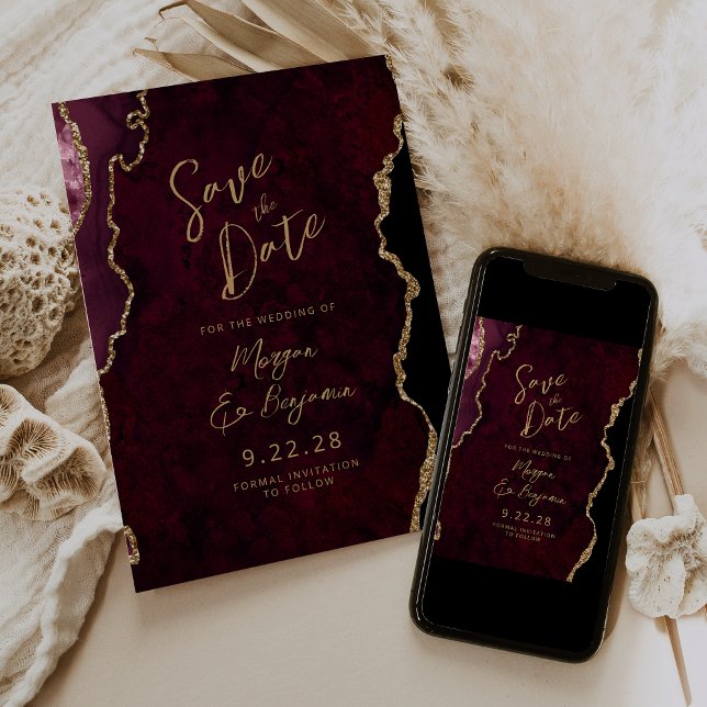 Save The Date Burgundy Red Agate Script Wedding Enregistrer la d (Créateur téléchargé)