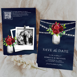 Save The Date Burgundy Red Floral Navy QR Code Mariage Photo