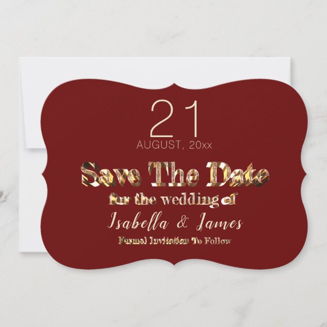 Save The Date Burgundy Red Gold Script Wedding Enregistrer La Da (Devant)