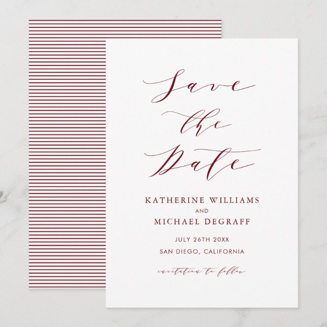 Save The Date Burgundy Red Minimalist Dainty Script (Devant / Derrière)