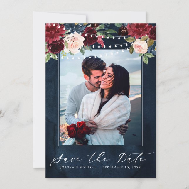 Save The Date Burgundy Red Navy Floral Rustic Boho Photo (Devant)