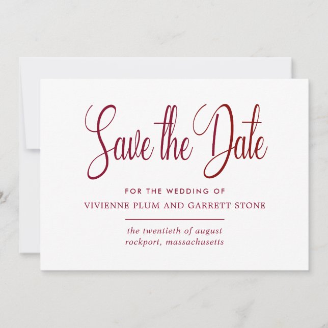 Save The Date Burgundy Red & White Calligraphy Enregistrer la da (Devant)