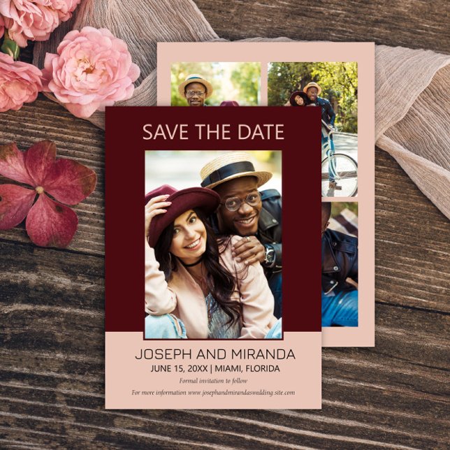 Save The Date Burgundy Rose 4 Photo Mariage Date Enregistrer Dat (Burgundy and pink 4-photo (front and back) wedding Save the Date flat card)