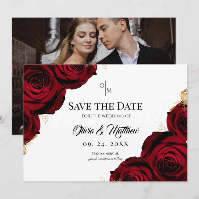 Save The Date  Burgundy Roses Floral Rustic Wedding (Devant / Derrière)