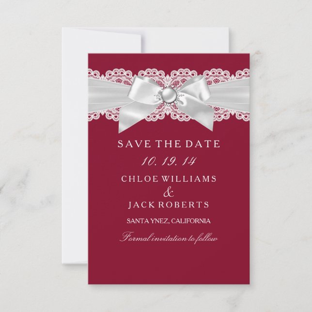 Save The Date Burgundy Rouge Blanc Mariage Pearl Bow Enregistrer (Devant)