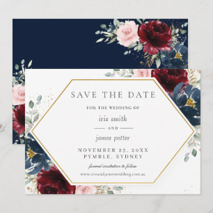 Save The Date Burgundy Rouge Bleu Bleu Floral Mariage