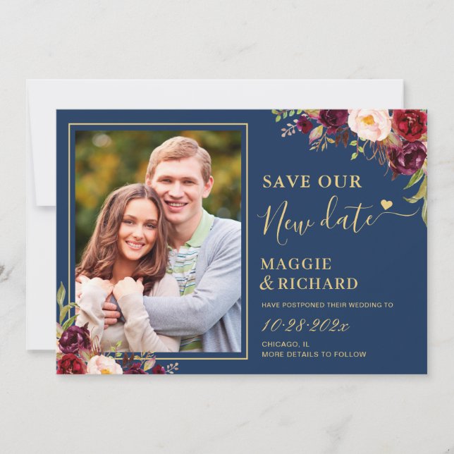 Save The Date Burgundy Rouge Floral Marine Mariage Bleu reporté (Devant)