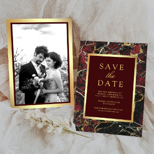 Save The Date Burgundy Rouge Marbre Or Photo Mariage