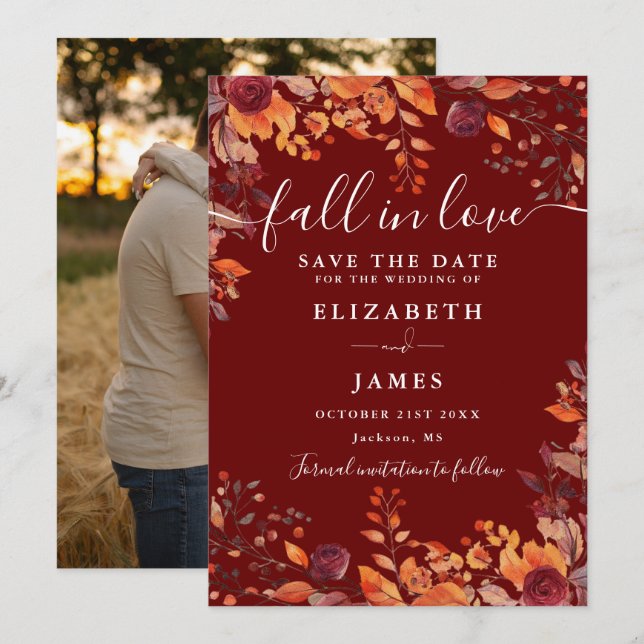 Save The Date Burgundy Rustic Fall Autumn Photo Wedding (Devant / Derrière)