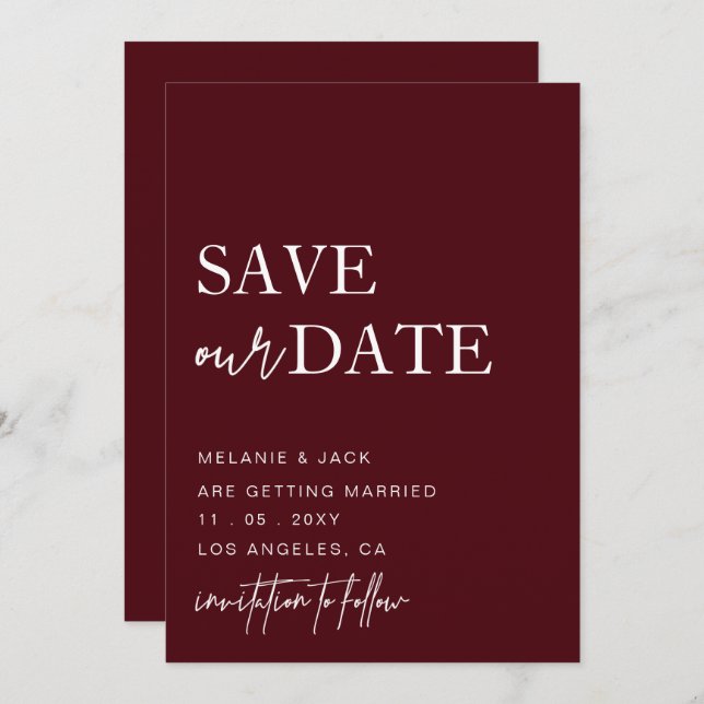 Save The Date Burgundy Simple Calligraphie Enregistrer La Date (Devant / Derrière)