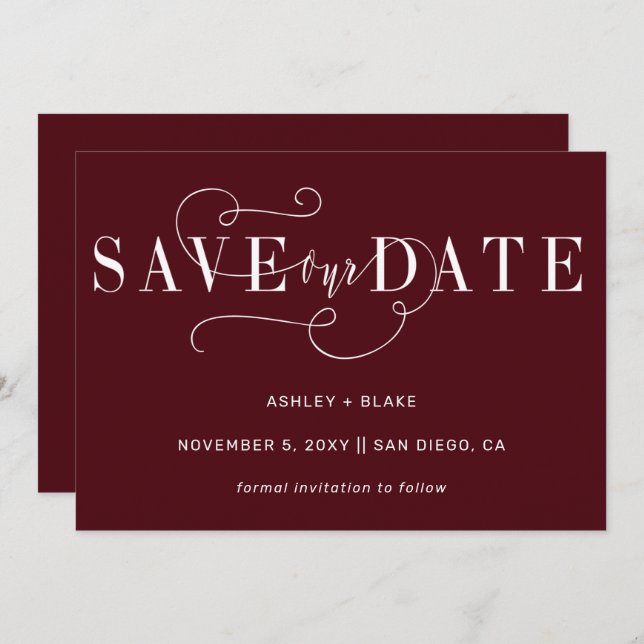 Save The Date Burgundy Simple Calligraphie manuscrite (Devant / Derrière)
