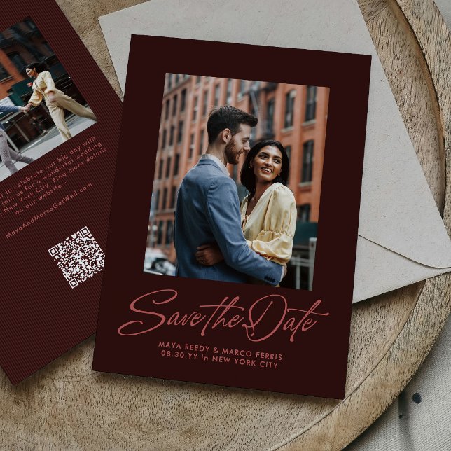 Save The Date Burgundy stylish script two photo wedding (Créateur téléchargé)