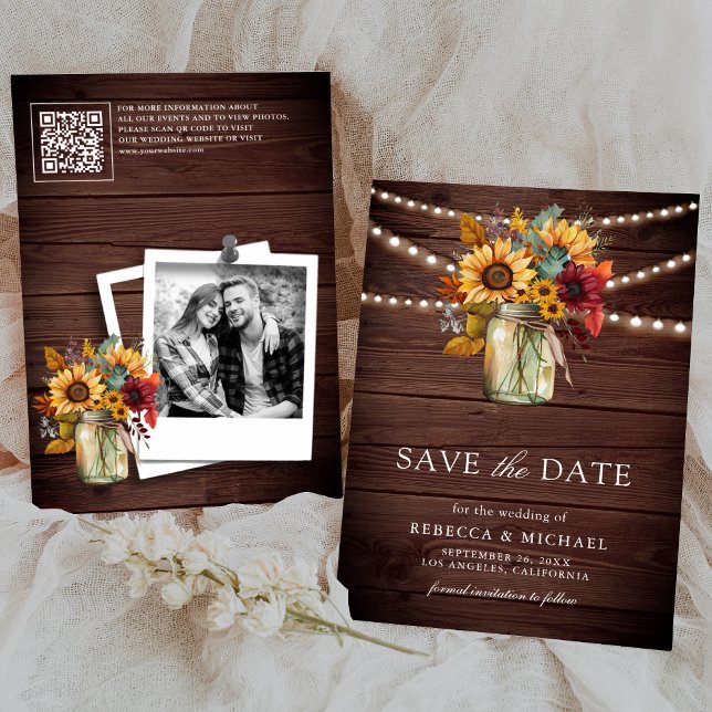 Save The Date Burgundy Sunflowers Wood QR Code Mariage Photo (Créateur téléchargé)
