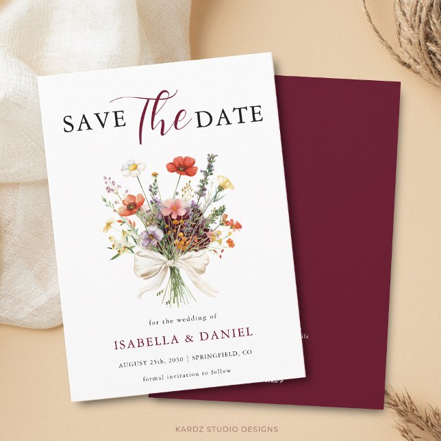 Save The Date Burgundy Wedding Floral (Card is shown in 4.5 x 6.25 inches with square corners. Choose size, corner and paper style.)