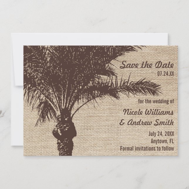 Save The Date Burlap Palm Tree Brown Enregistrer la date annonce (Devant)