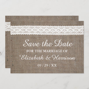 Save The Date Burlap Rustique & Dentelle Blanche Vintage Enregis