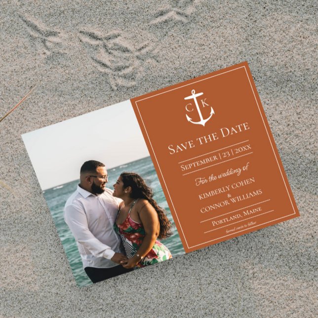 Save The Date Burnt Orange Nautical Monogramme Photo Enregistrer (Burnt Orange Nautical Monogram Photo Save the Date)