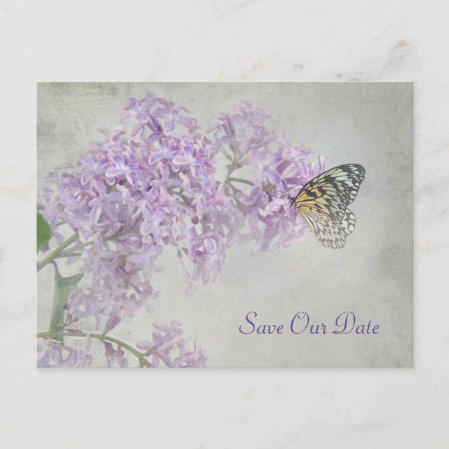 Save the Date-butterfly on lilacs Announcement Postcard (Front)