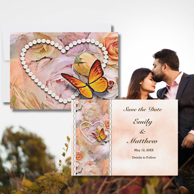 Save The Date Butterfly Pearl Heart Floral Roses de sérénité (Heart Pearls Floral Orange Roses Butterflies Save The Date Summer Wedding Engagement Happy Couple)
