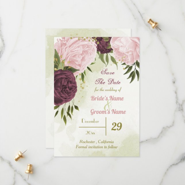 Save The Date cabernet rose fleurs vert feuilles (Devant/Arrière en situation)