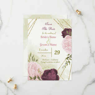 Save The Date cabernet rose fleurs vert feuilles