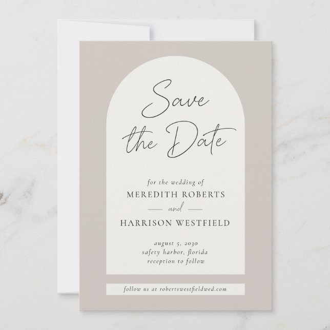 Save The Date Cadre Arc Chic Script Moderne Taupe Ecru Mariage (Devant)
