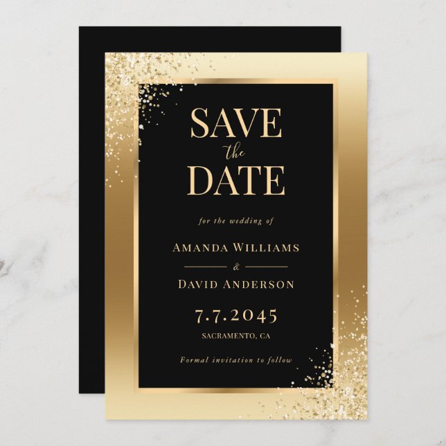 Save The Date Cadre Confetti Gold Noir Mariage élégant (Devant / Derrière)