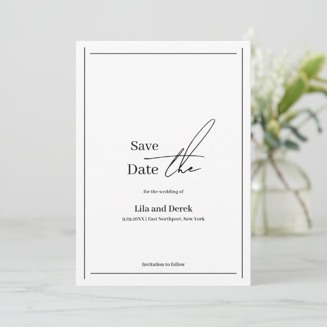 Save The Date Cadre de bordure noir blanc romantique Script  (Debout devant)