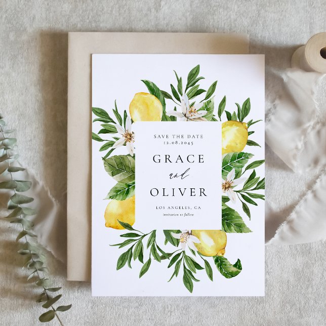 Save The Date Cadre de fleurs de citron botanique été (Watercolor Lemons and Greenery Frame Botanical Save The Date)