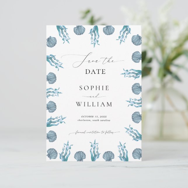 Save The Date Cadre de mariage de plage bleu marine côtier (Debout devant)