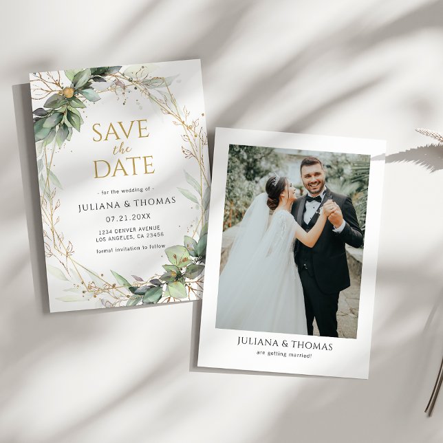Save The Date Cadre de mariage doré avec verdure botanique d'euc (Créateur téléchargé)