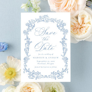 Save The Date Cadre de mariage élégant floral victorien bleu pou