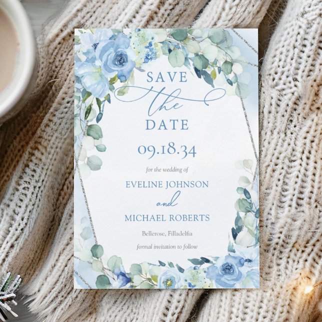 Save The Date Cadre de parties scintillant en argent Rustique Du (Modern winter Save the date card with blue flowers and eucalyptus woven silver frame)