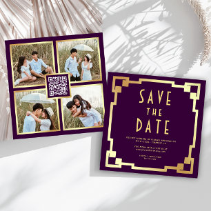 Save The Date Cadre Décoration Art déco Carré Code QR Violet Or