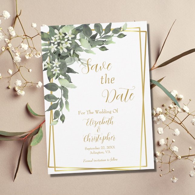 Save The Date Cadre doré Eucalyptus verdure QR code Mariage (Créateur téléchargé)